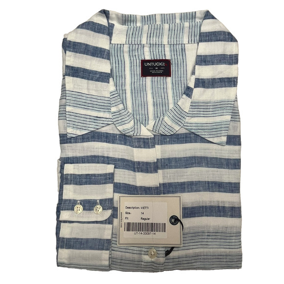 UNTUCKit Tops - UNTUCKit Womens Vietti Linen Shirt Blue White Striped Button Up L Sleeve 14 NWT